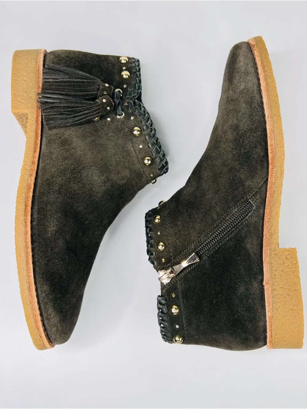 Kate Spade Bowie Tassel Olive Green Suede Side Zip Studded Ankle Booties Women 7